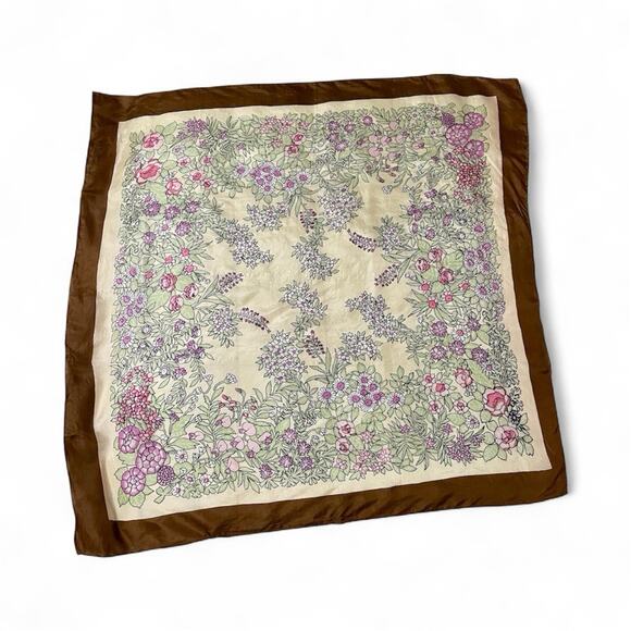 Vintage Floral Silk Scarf 32x32 Hand Rolled Brown Green Pink Boho Cottagecore - Picture 1 of 7